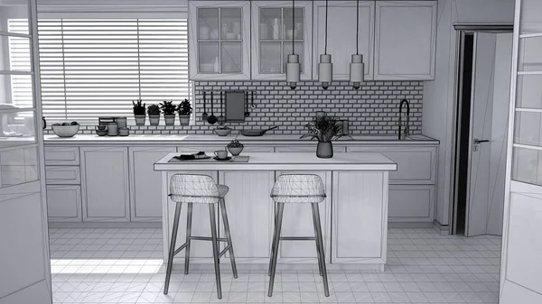 Modern İskandinav mutfak, dolapları, ada ve kolye lamba, çağdaş iç tasarım, mimari açık alan kavram fikir tamamlanmamış proje taslağı