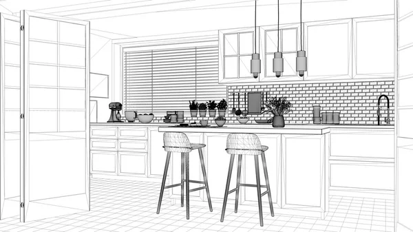 Проект интерьера, черно-белый чернильный эскиз, архитектурный чертеж, скандинавская минималистическая кухня с островом и стульями, современная архитектура — стоковое фото