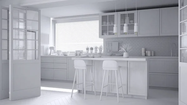 Progetto total white di cucina scandinava moderna con isola, sgabelli e lampade a sospensione, armadi e accessori, idea minimalista di interior design contemporaneo — Foto Stock