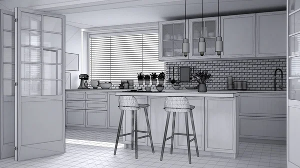 Draf proyek yang belum selesai dari dapur skandinavia modern, lemari, pulau dan lampu liontin, desain interior kontemporer, arsitektur ide konsep ruang terbuka — Stok Foto