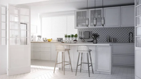 Architekt Innenarchitekturkonzept: unvollendetes Projekt, das zu einer echten, modernen skandinavischen Küche wird, Schränke, Insel und Pendelleuchten, minimalistische Designidee — Stockfoto