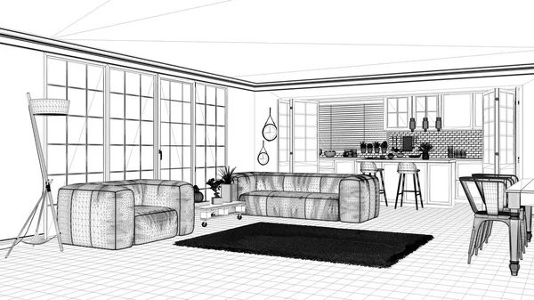 Inredning projekt, svart och vitt bläck skiss, arkitekturen blueprint visar skandinavisk minimalistisk kök med öppet vardagsrum, samtida arkitektur — Stockfoto
