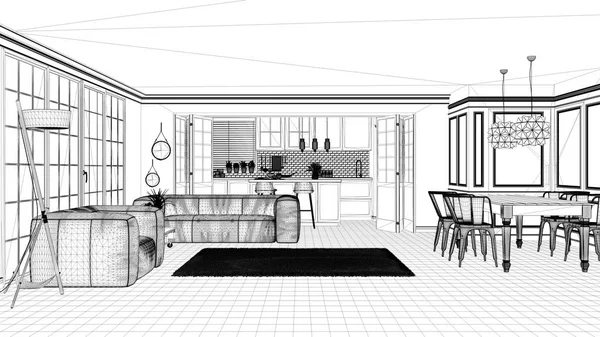 Interior design project, black and white ink sketch, architecture blueprint showing scandinavian minimalistic kitchen with open living room, contemporary architecture — Stock Photo, Image