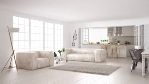 Rozmyć tło wystrój wnętrz, minimalistyczne białe pokój dzienny i kuchnia, duże okna i dywan futro, koncepcja skandynawskie wnętrza w stylu klasycznym — Zdjęcie stockowe