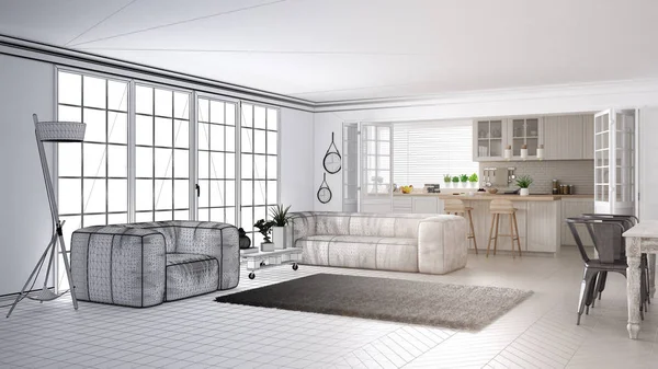 Architect interior designer concept: unfinished project that becomes real, minimalist white living room and kitchen, big window and carpet, scandinavian interior design, concept idea