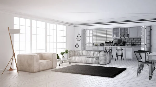 Arquiteto conceito de designer de interiores: projeto inacabado que se torna real, minimalista sala de estar branca e cozinha, grande janela e carpete, design de interiores escandinavo, ideia conceito — Fotografia de Stock