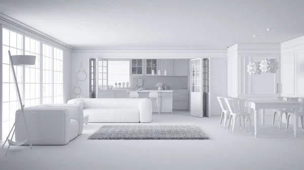 全白项目的简约白色客厅和厨房, 大窗户和地毯毛皮, 斯堪的纳维亚经典室内设计理念的想法 — 图库照片