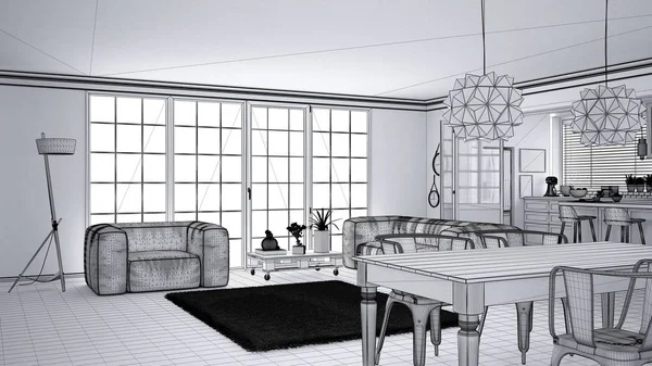 Unfinished project draft of minimalist white living room and kitchen, big window and carpet fur, scandinavian classic interior design, architecture open space concept idea