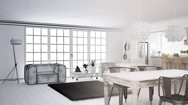 Architect interior designer concept: unfinished project that becomes real, minimalist white living room and kitchen, big window and carpet, scandinavian interior design, concept idea