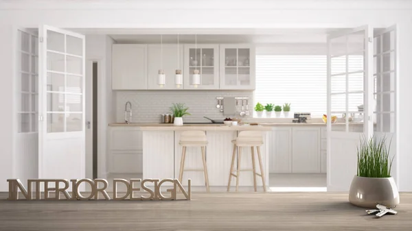 Wooden table, desk or shelf with potted grass plant, house keys and 3D letters making the words interior design, over blurred scandinavian kitchen, project concept background