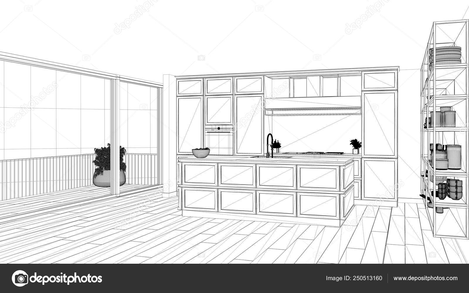 Interior design project, black and white ink sketch, architecture
