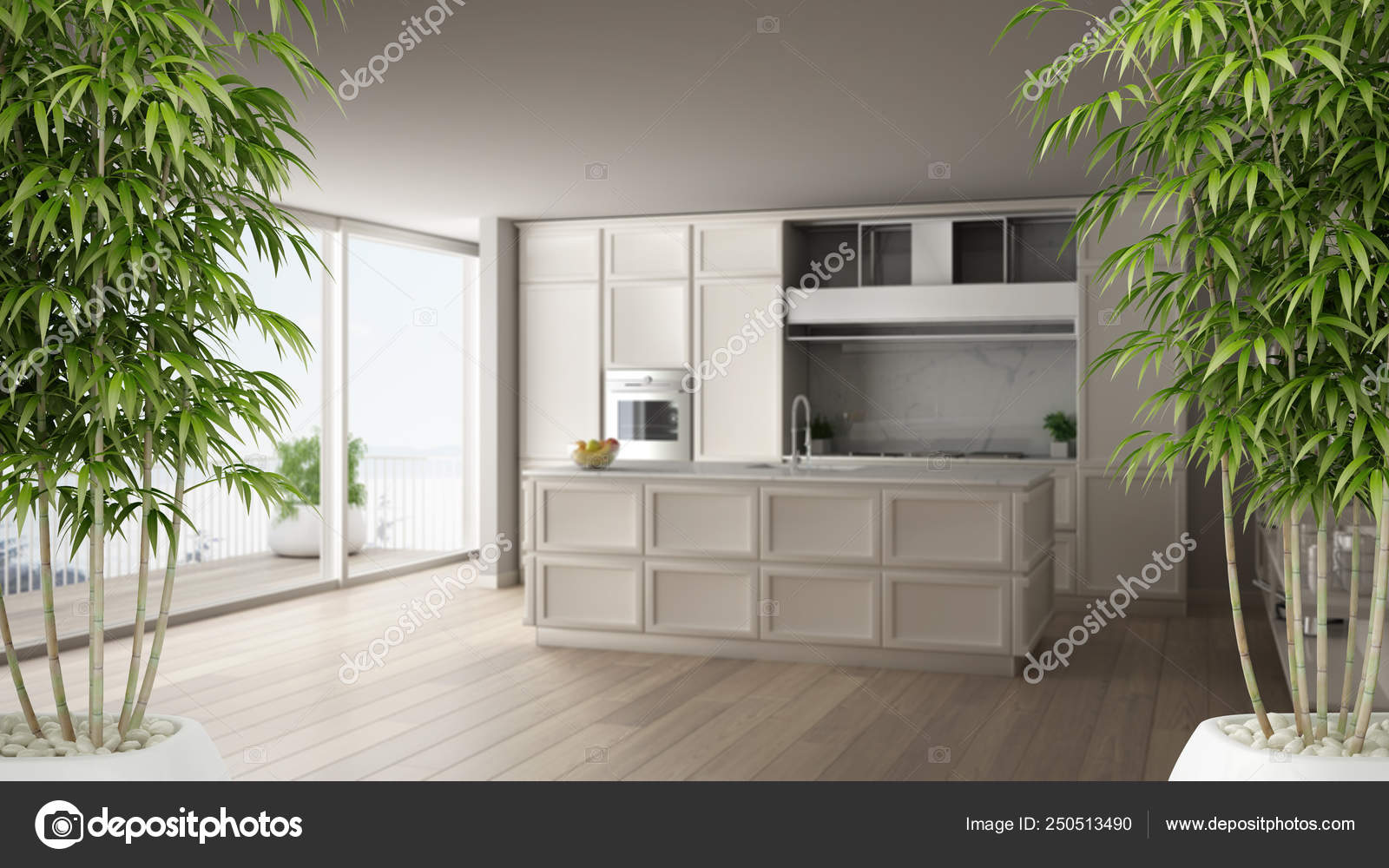 Zen Interior With Potted Bamboo Plant Natural Interior Design Concept Classic White Kitchen In Modern Luxury Apartment Minimalist Architecture Concept Stock Photo Image By C Archiviz 250513490
