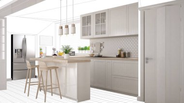 İç tasarım projesi taslak, yapım aşamasında kavram fikir, çok modern beyaz ve ahşap İskandinav mutfak arka planda kabataslak, mimar tasarımcı proje masaüstü ekran-shot