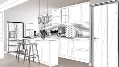 Plan proje taslak, İskandinav mutfak ada ve lambalar, iç tasarım konsepti fikir, modern daire ile parke zemin, çağdaş mobilya fikir ile kroki