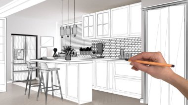 İnşaat taslak, konsept iç tasarım kroki, el çizim İskandinav mutfak planı kroki gerçek bir ev arka plan, mimar ve tasarımcı fikir altında tamamlanmamış proje