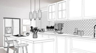 Plan proje taslak, İskandinav mutfak ada ve lambalar, iç tasarım konsepti fikir, modern daire ile parke zemin, çağdaş mobilya fikir ile kroki