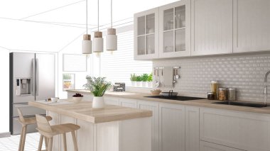 İç tasarım projesi taslak, yapım aşamasında kavram fikir, çok modern beyaz ve ahşap İskandinav mutfak arka planda kabataslak, mimar tasarımcı proje masaüstü ekran-shot