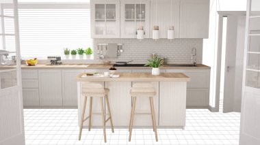 İç tasarım projesi taslak, yapım aşamasında kavram fikir, çok modern beyaz ve ahşap İskandinav mutfak arka planda kabataslak, mimar tasarımcı proje masaüstü ekran-shot