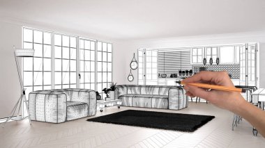 Altında inşaat taslak, konsept iç tasarım kroki, tamamlanmamış proje çizim İskandinav salon planı kroki arka planda gerçek bir ev, mimar tasarımcı fikir ver