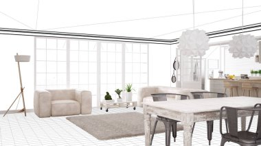 İç tasarım projesi taslak, yapım aşamasında kavram fikir, çok modern beyaz ve ahşap İskandinav oturma odası ile mutfak, mimar tasarımcı proje masaüstü ekran-shot