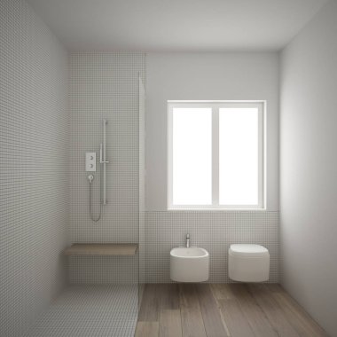 Parke meşe zeminli modern minimalist banyo ve beyaz mozaik fayanslar, pencere ve banyo, çağdaş iç mimari tasarım