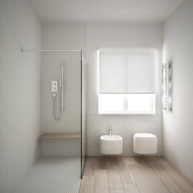 Parke meşe zeminli modern minimalist banyo ve beyaz mozaik fayanslar, pencere ve banyo, çağdaş iç mimari tasarım