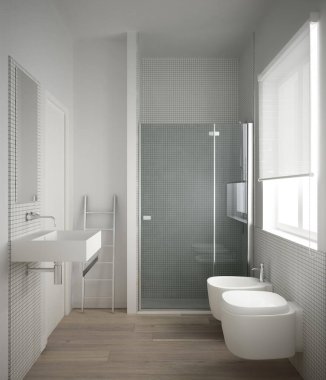 Parke meşe zeminli modern minimalist banyo ve beyaz mozaik fayanslar, pencere ve banyo, çağdaş iç mimari tasarım
