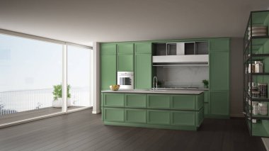Klasik yeşil mutfak parke zemin ile modern açık alan ve büyük panoramik penceresinde Standart Oda Deniz manzara, ada ve aksesuarları, minimalist çağdaş iç tasarım