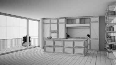 Modern lüks apartmandaki klasik mutfak taslağı, antika iç tasarım, mimari açık alan oturma odası fikri