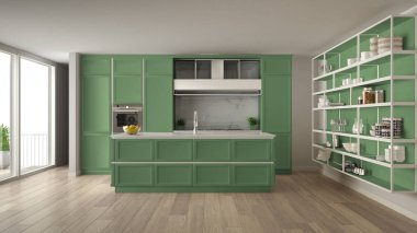 Klasik yeşil mutfak parke zemin ile modern açık alan ve büyük panoramik pencere balkon, ada ve aksesuarları, minimalist çağdaş iç tasarım