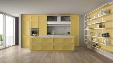 Klasik sarı mutfak parke zemin ile modern açık alan ve büyük panoramik pencere balkon, ada ve aksesuarları, minimalist çağdaş iç tasarım