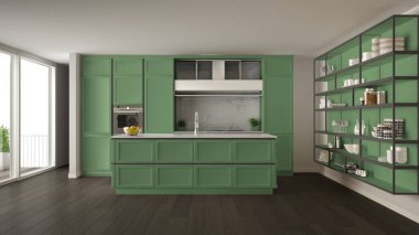 Klasik yeşil mutfak parke zemin ile modern açık alan ve büyük panoramik pencere balkon, ada ve aksesuarları, minimalist çağdaş iç tasarım