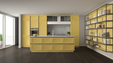 Klasik sarı mutfak parke zemin ile modern açık alan ve büyük panoramik pencere balkon, ada ve aksesuarları, minimalist çağdaş iç tasarım