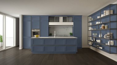 Klasik mavi mutfak parke zemin ile modern açık alan ve büyük panoramik pencere balkon, ada ve aksesuarları, minimalist çağdaş iç tasarım