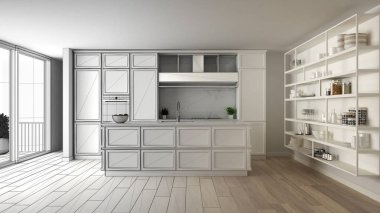 Mimari iç mimar konsepti: Parke döşemeli, minimalist tasarım fikri ile modern apartmanda gerçek, klasik bir mutfak haline gelen tamamlanmamış proje