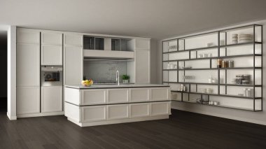 Klasik beyaz mutfak parke zemin ve büyük ile dekorlar, ada ve aksesuarları, minimalist çağdaş iç tasarım raf ile modern açık alanda