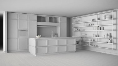 Modern açık alanda klasik mutfak projesinin tamamı parke zemin, ada ve aksesuarlar, minimalist çağdaş iç tasarım