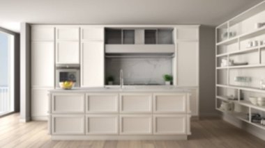 Arka plan bulanık tasarım, modern dairede parke döşemeli klasik mutfak, klasik retro mimari açık alan oturma odası fikri.