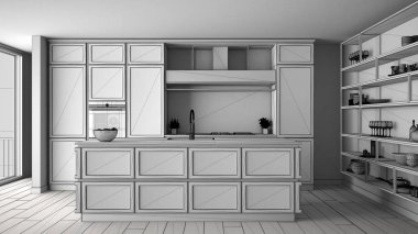 Modern lüks apartmandaki klasik mutfak taslağı, antika iç tasarım, mimari açık alan oturma odası fikri