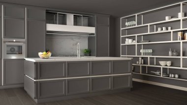 Klasik gri mutfak parke zemin ve büyük ile dekorlar, ada ve aksesuarları, minimalist çağdaş iç tasarım raf ile modern açık alanda
