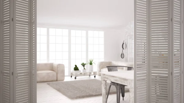 Fehér harmonika ajtó megnyitása a modern skandináv konyha-sziget, a széklet és a függő lámpák, szekrények és tartozékok, fehér belső design, designer koncepció, életlenítés háttér — Stock Fotó