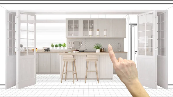 Unfinished project, under construction draft, concept interior design sketch, hand pointing real scandinavian kitchen with blueprint background, architect and designer idea