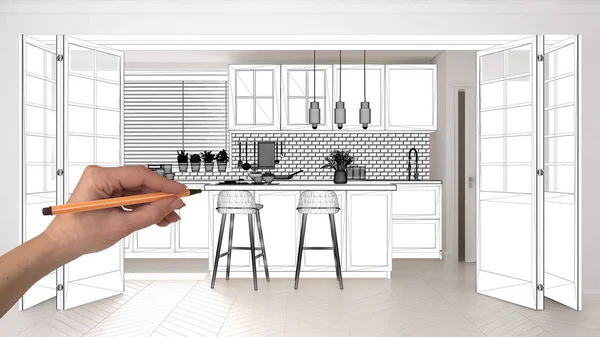 İnşaat taslak, konsept iç tasarım kroki, el çizim İskandinav mutfak planı kroki gerçek bir ev arka plan, mimar ve tasarımcı fikir altında tamamlanmamış proje — Stok fotoğraf