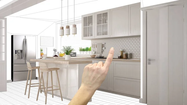 Unfinished project, under construction draft, concept interior design sketch, hand pointing real scandinavian kitchen with blueprint background, architect and designer idea — Stock Photo, Image