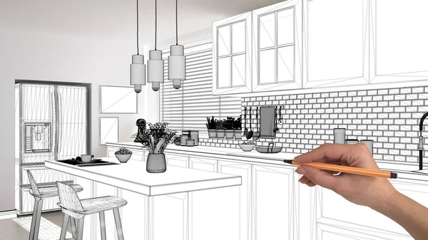 Ημιτελές έργο, υπό κατασκευή σχέδιο, σκίτσο εσωτερικό σχεδιασμό έννοια, χέρι σχεδίασης σκανδιναβική κουζίνα προσχέδιο σκίτσο στο πραγματικό σπίτι φόντο, αρχιτέκτονας και σχεδιαστής ιδέα — Φωτογραφία Αρχείου