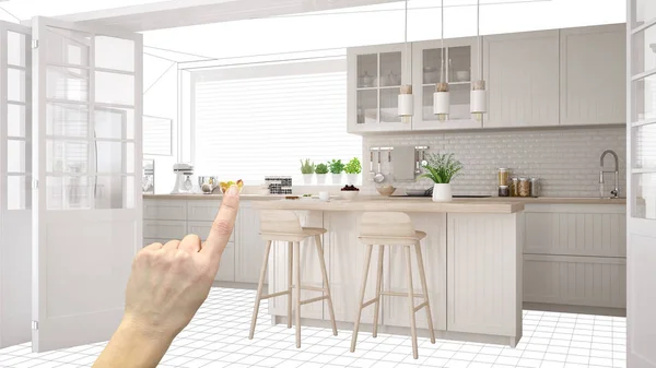 Unfinished project, under construction draft, concept interior design sketch, hand pointing real scandinavian kitchen with blueprint background, architect and designer idea — Stock Photo, Image