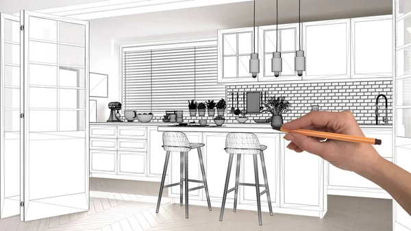 Ημιτελές έργο, υπό κατασκευή σχέδιο, σκίτσο εσωτερικό σχεδιασμό έννοια, χέρι σχεδίασης σκανδιναβική κουζίνα προσχέδιο σκίτσο στο πραγματικό σπίτι φόντο, αρχιτέκτονας και σχεδιαστής ιδέα — Φωτογραφία Αρχείου