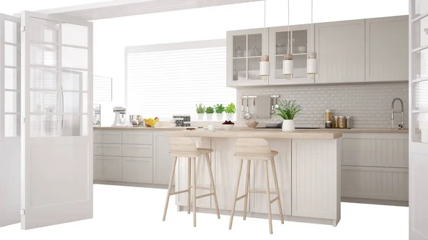 Cocina blanca escandinava con isla y accesorios, idea de concepto de diseño de interiores, aislado sobre fondo blanco con espacio de copia, idea de mobiliario contemporáneo — Foto de Stock