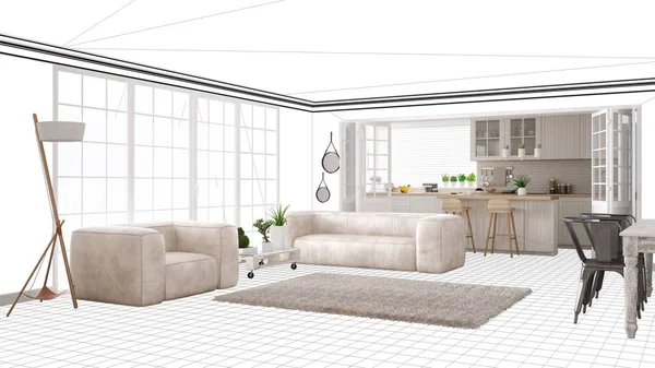 Interior design project draft, work in progress concept idea, real modern white and wooden scandinavian living room with kitchen, architect designer project desktop screen-shot