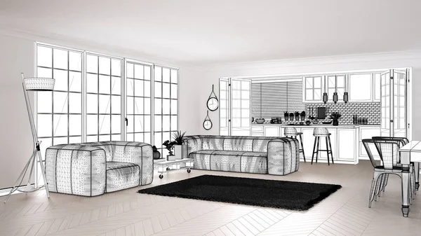 Σχέδιο έργου σχέδιο, σκίτσο του σκανδιναβικού σαλόνι με μοκέτα και καναπέ, ιδέα διακόσμησης μοντέρνο διαμέρισμα με παρκέ δάπεδο, μοντέρνα έπιπλα ιδέα — Φωτογραφία Αρχείου